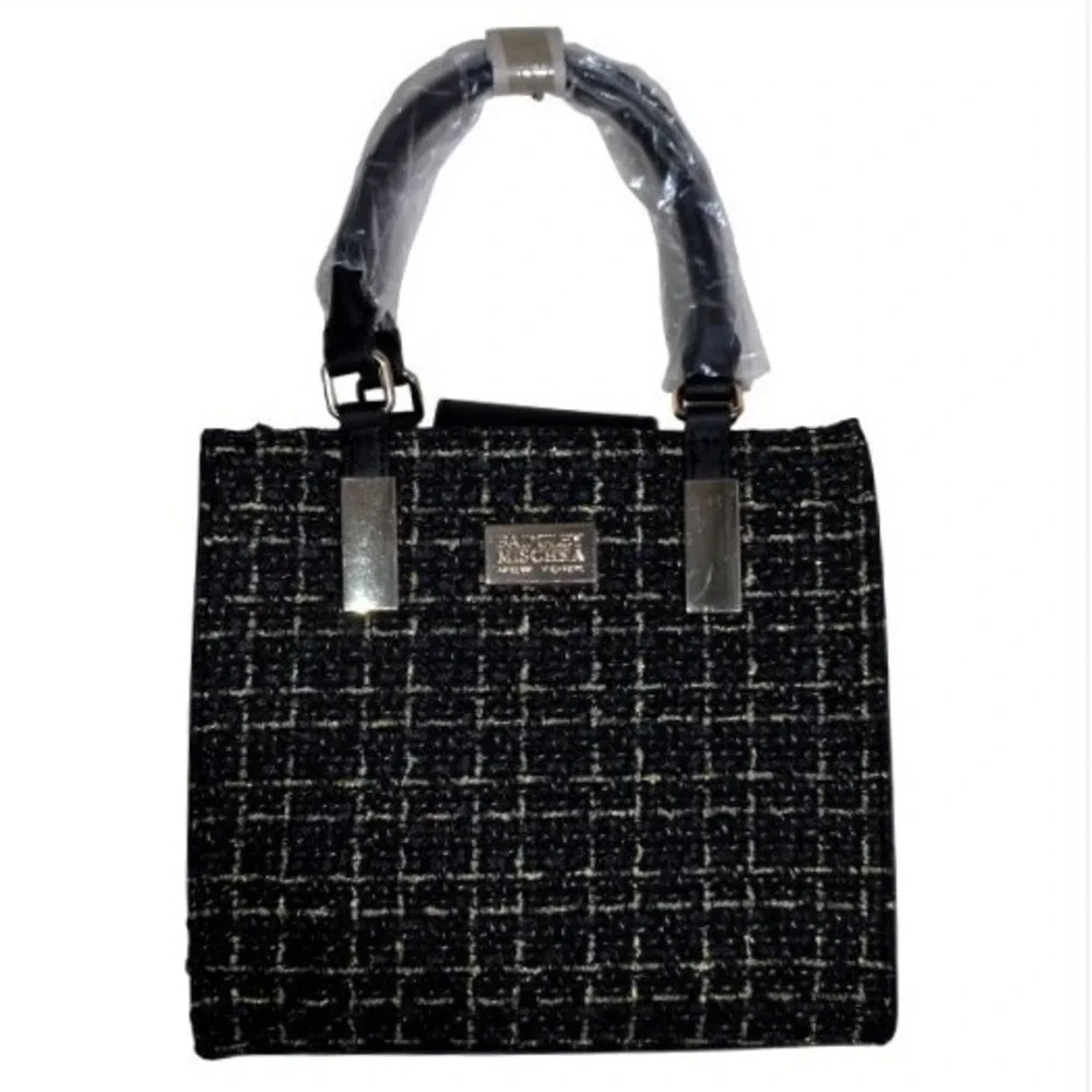 NWT Badgley Mischka New York The Tara Tweed Satchel Women Black Gold Handbag - Picture 6 of 9